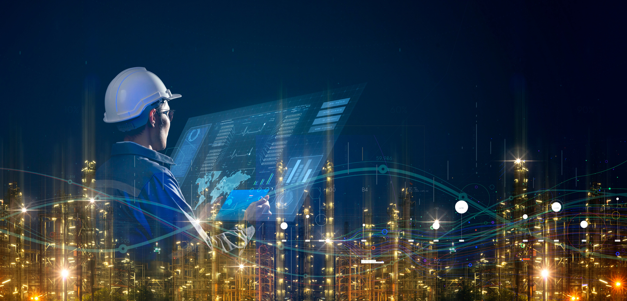 Asian engineer smart industry background, sustainable power saving energy management smart factory  technology, oil and gas plant background